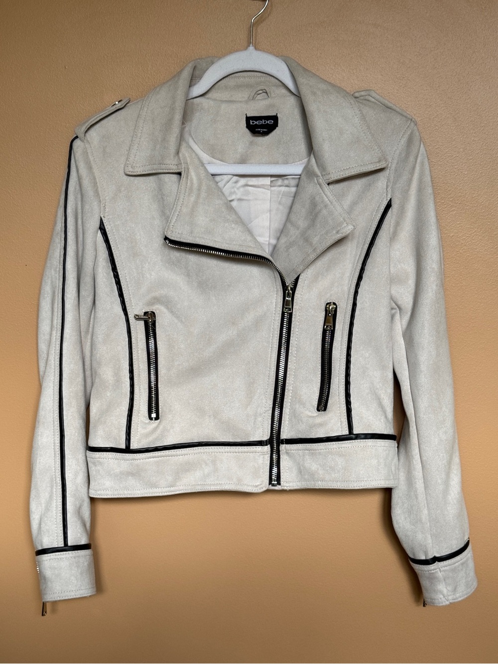 bebe Cream/Taupe Suede-Effect Moto Jacket with Black Trim